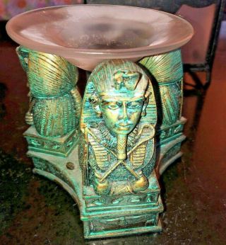 Egyptian King Tut Incense Oil Burner Tea Light Candle Holder Large Green Gold