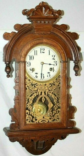 Vintage Victorian Carved Oak Gingerbread Eastlake Wall Clock W/ Gong Strike.