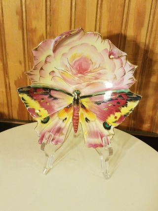 Vintage Lefton China Hand Painted 6 " Butterfly Rose Porcelain Dish Bowl Tray