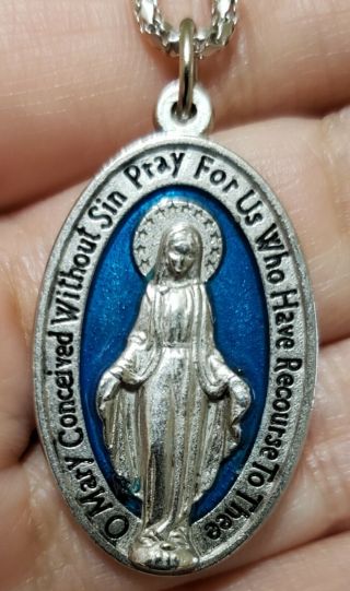 Large 1.  25 " Blue Miraculous Medal Virgin Mary Pendant Necklace 20 " Chain