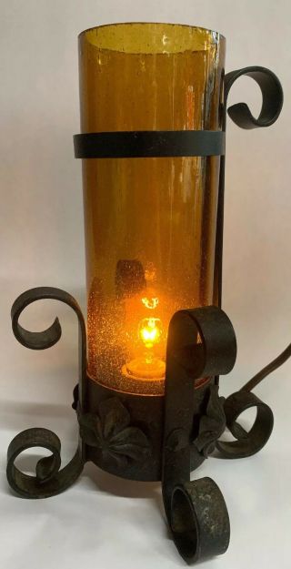 Black Wrought Iron Lamp Night Light Gothic Rustic Medieval Amber Glass Shade Vtg