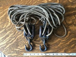 Vintage Double Wooden Pulley Block And Tackle With 50 Feet Of 1/4 Inch Rope
