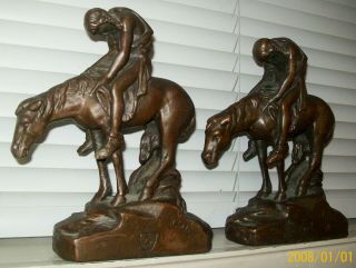 8 " End Of The Trail Native American Indian & Horse Figural Armor Bronze Bookends