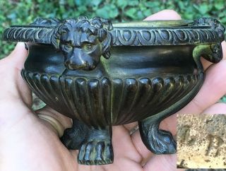 Antique 19th C.  Cast Bronze Small Bowl Urn Censer Burner Lion Faces Marked