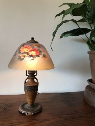 Vintage Antique Reverse Painted Lamp Frosted Flowers Bird Art Glass Moe Bridges