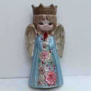 Vintage 7.  5 " Hand Painted Ceramic Christmas Angel Figurine W/ Candle Glitter
