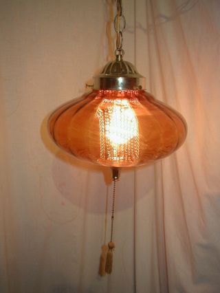 VTG MCM HOLLYWOOD REGENCY AMBER GLASS HANGING SWAG LAMP LIGHT FLYING SAUCER UFO 2