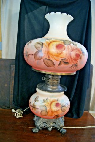 Vintage Gone With The Wind Hurricane Floral Glass Table Lamp Cast Base