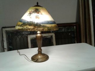 Signed Jefferson Lamp Co.  Scenic Reverse Painted Table Lamp With Unusual Dirt Rd.