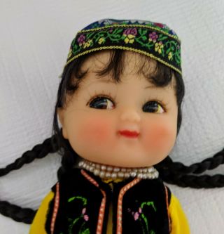 Vintage Chinese Folk Doll Vinyl 12 " Dress Shoes Beads Hat