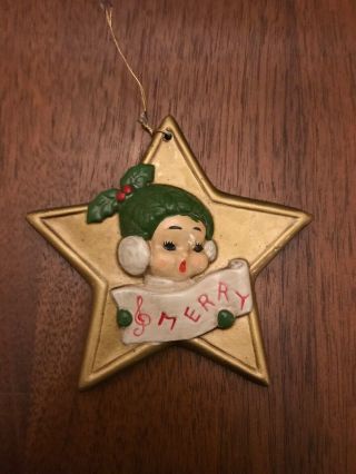 Vintage Josef Originals Caroler Star Shaped Christmas Ornament Japan “merry”