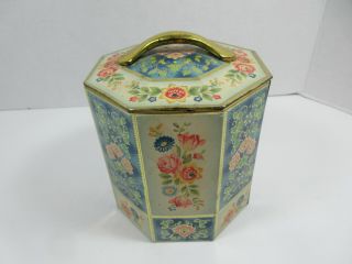 Vintage Made In Belgium Floral Flowers 8 Sided Tea Tin Canister Can Container
