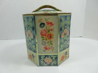 VINTAGE MADE IN BELGIUM FLORAL FLOWERS 8 SIDED TEA TIN CANISTER CAN CONTAINER 2