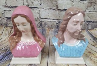 2 Vintage Hand Painted Glazed Ceramic Busts Jesus & Virgin Mary