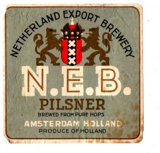1920s Netherland Export Brewery,  Amsterdam,  Holland N.  E.  B.  Beer Label