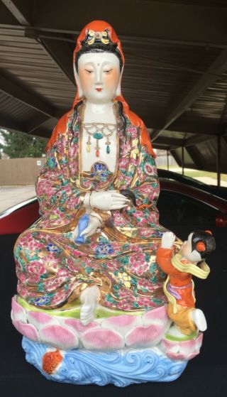 17.  5 " Large Vintage Chinese Famille Rose Mille Fleur Guanyin Porcelain Statue