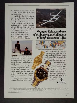 1987 Rolex Gmt - Master Rutan Voyager Flight Around The World Vintage Print Ad