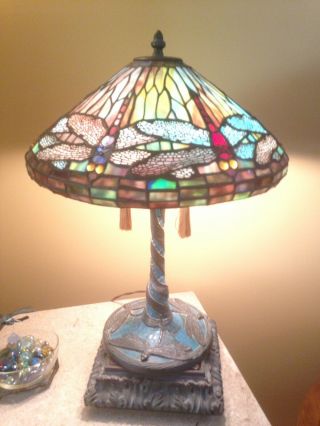 Vintage Tiffany - Style Turquoise Blue Dragonfly Stained Glass Table Lamp - 22 " Tall