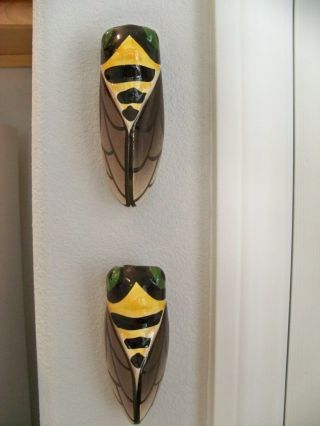 Pr.  (2) French Vintage Cicada Wall Pocket 5 3/4 " Ceramic Handpainted Vases C1900