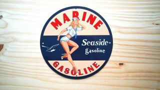Vintage Seaside Marine Gasoline W/ Pin Up Girl Porcelain Enamel 11 3/4  Sign Oil