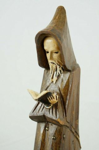 Vintage Hand Carved Rustic Wooden Monk Priest Figure Standing Reading Bible