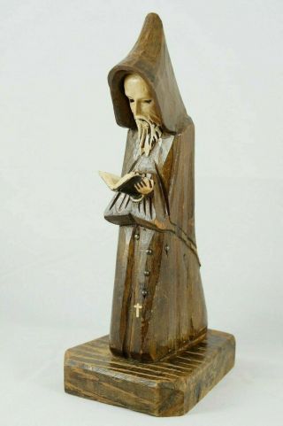 Vintage Hand Carved Rustic Wooden Monk Priest Figure Standing Reading Bible 2