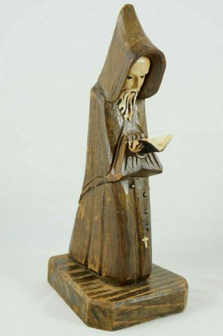 Vintage Hand Carved Rustic Wooden Monk Priest Figure Standing Reading Bible 3