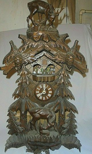 Antique Vintage Black Forest Cuckoo Clock Huge Musical Hunter