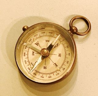 1930s Antique Vintage Pocket Brass Compass / Pendant With Thick Glass Cover