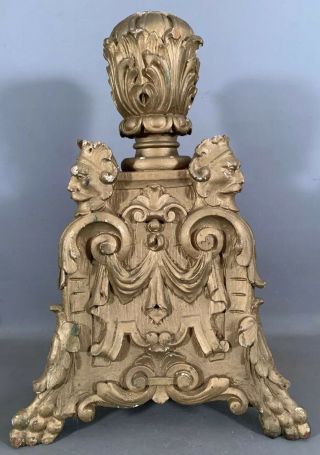 Lg 19thc Antique Victorian Carved Wood Man Lion Torchiere Lamp Flag Pole Base