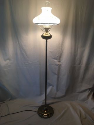 Vintage Antique Brass Floor Lamp With Hand Painted Glass Shade
