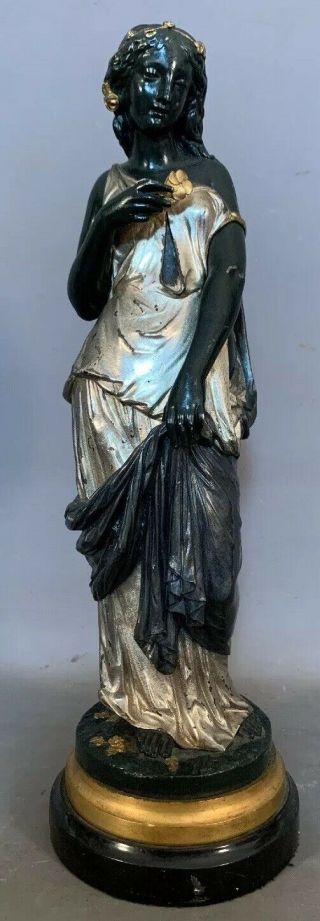 Antique Art Nouveau Era Enamel Painted Bronze Old Lady Goddess Statue Sculpture