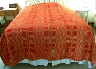 Vintage Jacquard Coverlet Hand Woven Red And White Geometric Design