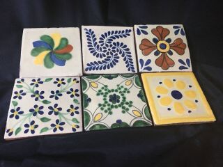 Set Of 6 Vintage Mexican Hand Painted Talavera Tiles Decorated With Flowers 4”