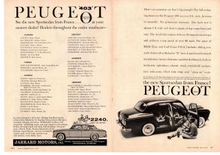 1959 Peugeot 403 4 - Door Sedan Jarrard Motors Dealer Pensacola Fl 2 - Page Print Ad