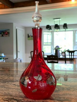 Fine Antique Ruby Glass Decanter With Silver Overlay Grape Leaves