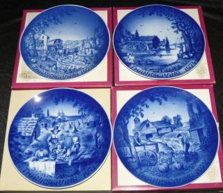 Set Of 4 Vintage Bareuther Blue & White Thanksgiving Collector Plates 1971 - 1974