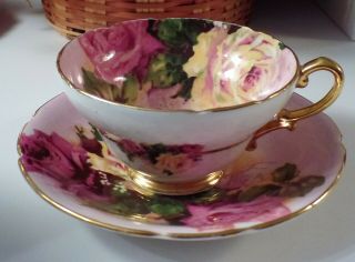Vintage Stanley Cup & Saucer Large Pink & Yellow Roses On Pink Background