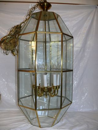 Vtg Brass Glass Lantern Entry Hanging 8 Arm Light Fixture 40 " Pendant Chandelier