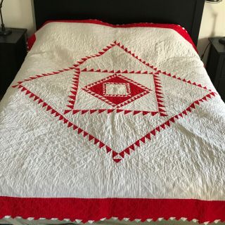 Vintage Handmade Sawtooth Red and White Quilt with Prairie Point Edge 2