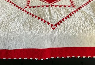Vintage Handmade Sawtooth Red and White Quilt with Prairie Point Edge 3