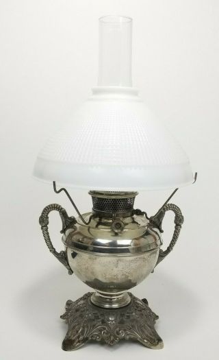Bradley And Hubbard Oil Lamp Kerosene Double Handle Font Nickel,  C1900,  19 1/4 "