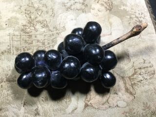 Antique Vintage Italian Alabaster Stone Marble Small Black Grapes With Wood Stem