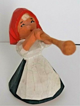 Henning Norway Hand Carved Wood Figurine Girl W/horn - Vintage