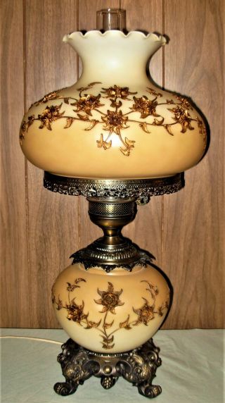 Antique Large Gwtw Lamp With Applied Brass Flowers