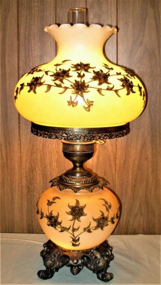 Antique Large GWTW Lamp with Applied Brass Flowers 2