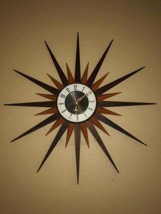 Vintage Mcm Elgin Huge Starburst Sunburst Mid Century Modern Wall Clock