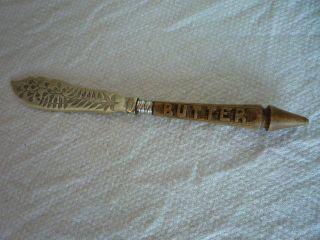 A Collectable Carved Wood Treen Handle Butter Spreader Vintage Kitchenalia