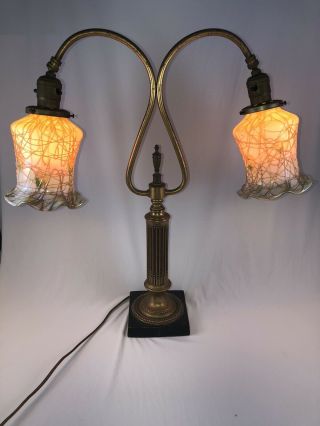 Gorgeous Antique Art Nouveau Table Lamp W/ Quezal Aurene Art Glass Shades C1914