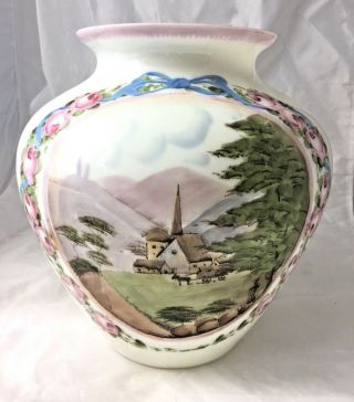 Vintage Hand Painted Opaline Milk Glass Vase With Country Church Scene 10 " Tall